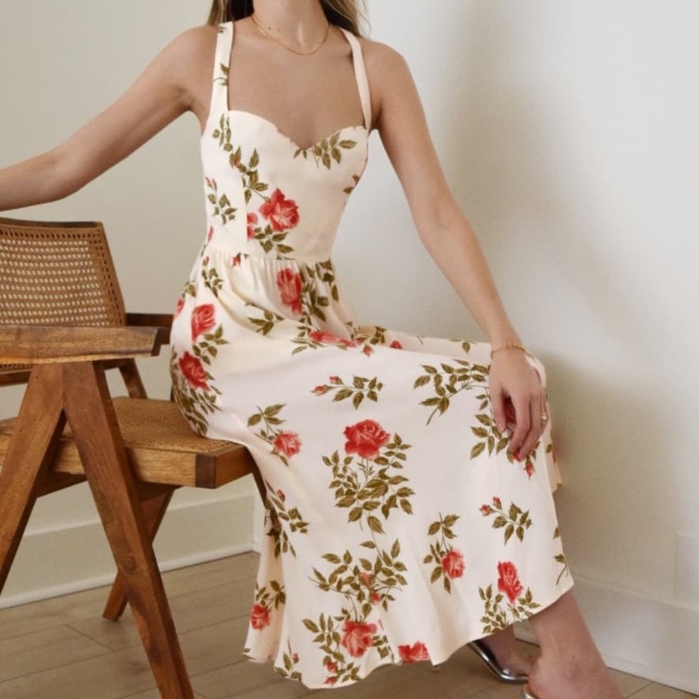 Reformation Cream Floral Midi Dress with Red Roses
